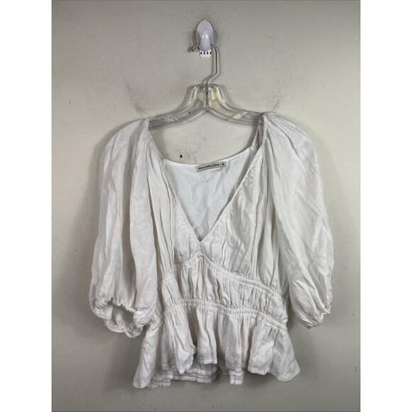 Abercrombie & Fitch Puff Sleeve Babydoll Top Blouse White Size XL Linen Viscose - Picture 1 of 7